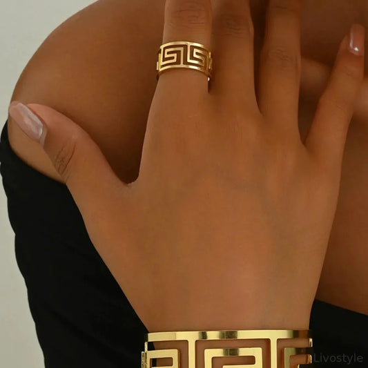 18K Gold-Plated Stainless Steel Geometric Bracelet and Ring Jewelry