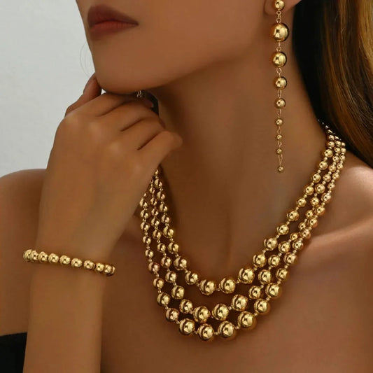 18K Stainless Steel Beaded Multi-Layered Necklace Bracelet Earrings
