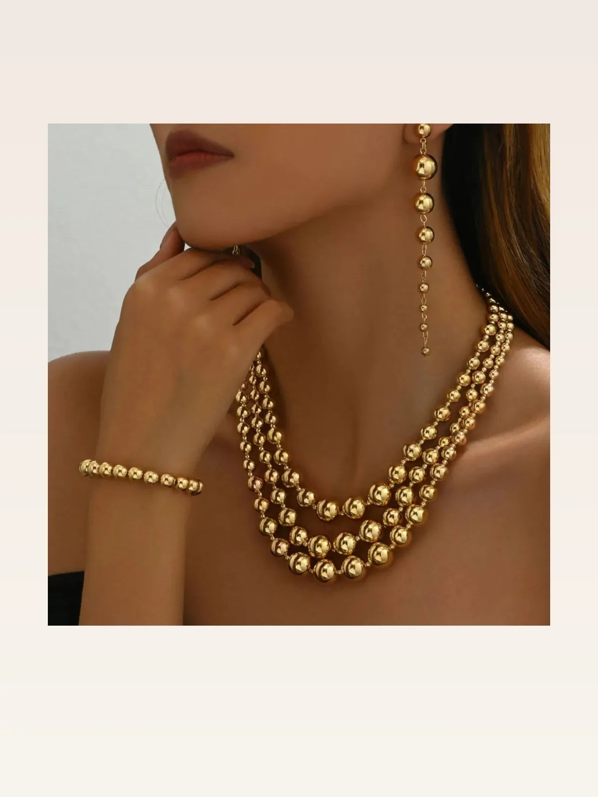 18K Stainless Steel Beaded Multi-Layered Necklace Bracelet Earrings