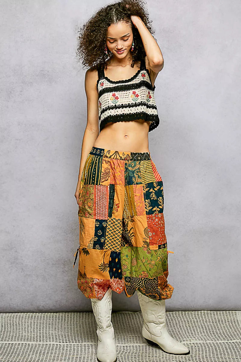 Floral Embroidered Cropped Crochet Cami with Scalloped Hem