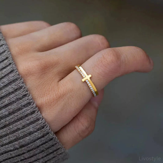 925 Sterling Silver Cross Ring — Dainty Gold Pavé