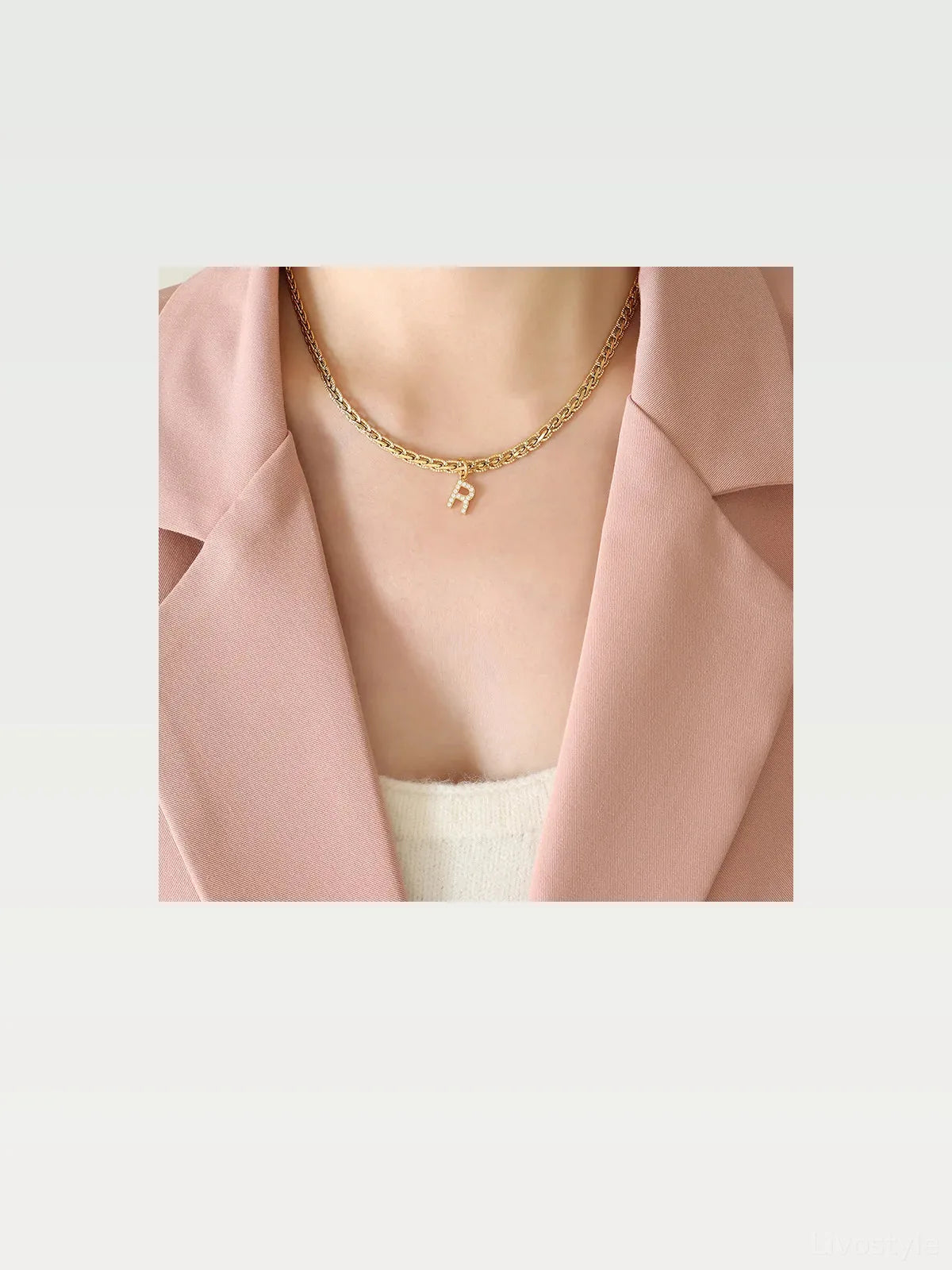 Brass Inlaid Zircon Letter R Pendant Necklace