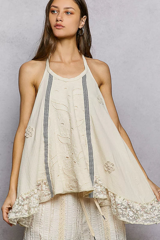 Lace Ruffle Halter Neck Double Gauze Top with Crochet Patch