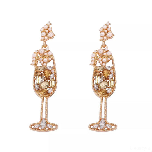 Champagne Glass Rhinestone Dangle Earrings