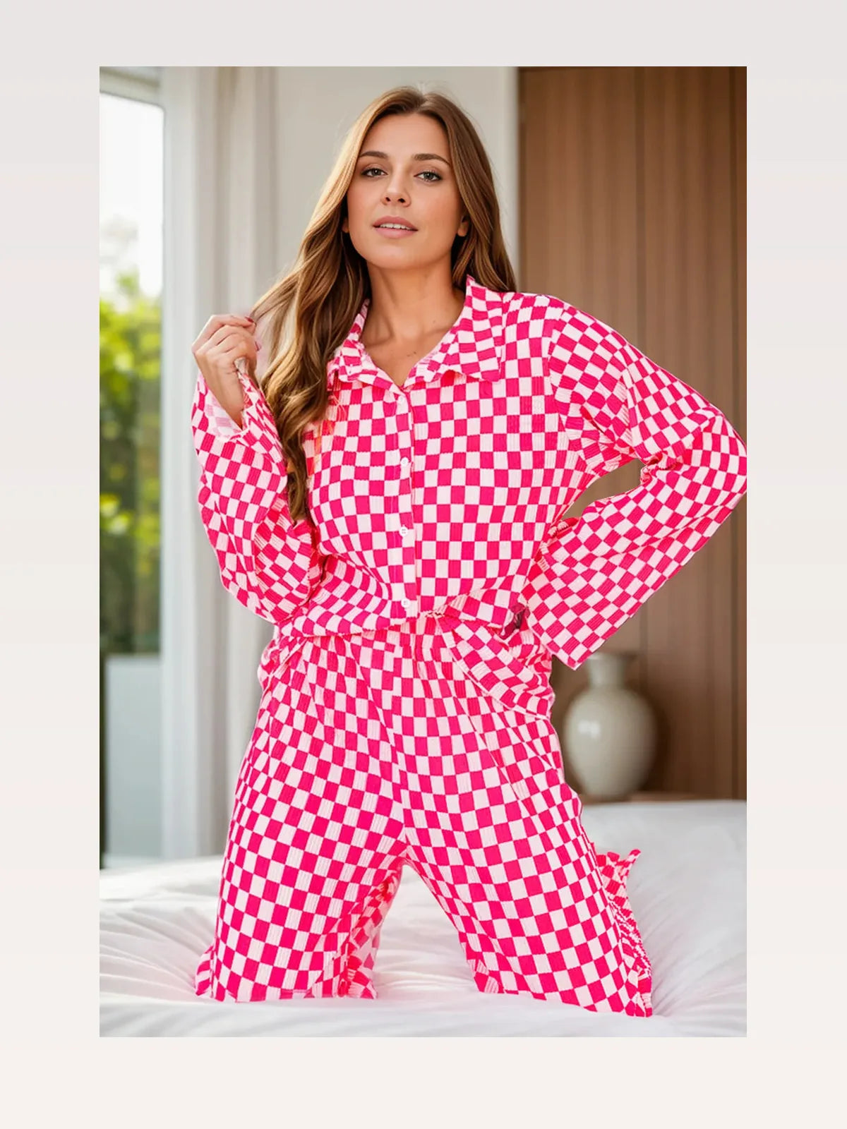 Checkered Button Up Top and Pants Lounge Set