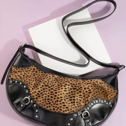 Dark Spotted Leopard Print Half Moon Shoulder Bag