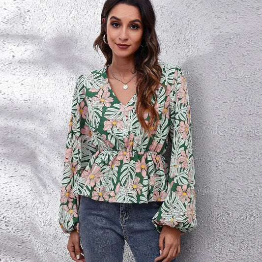 Chic Floral Peplum Blouse with Balloon Sleeves & V-Neck