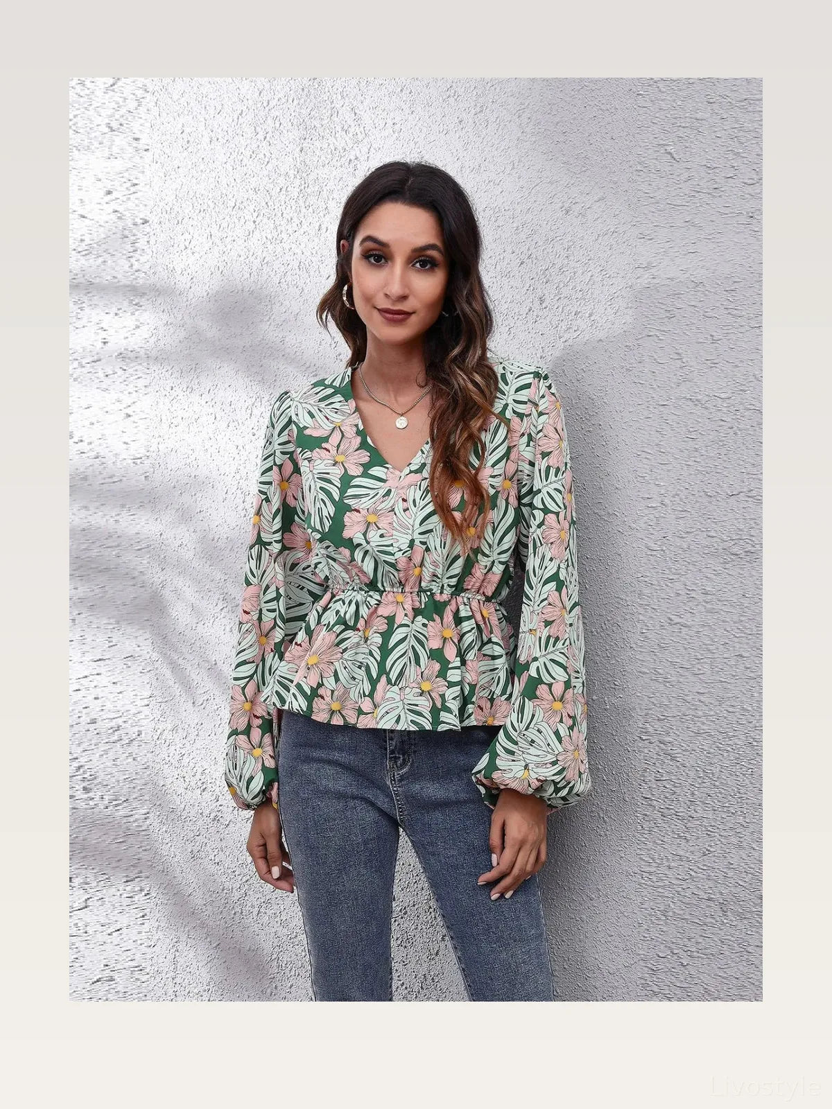 Chic Floral Peplum Blouse with Balloon Sleeves & V-Neck