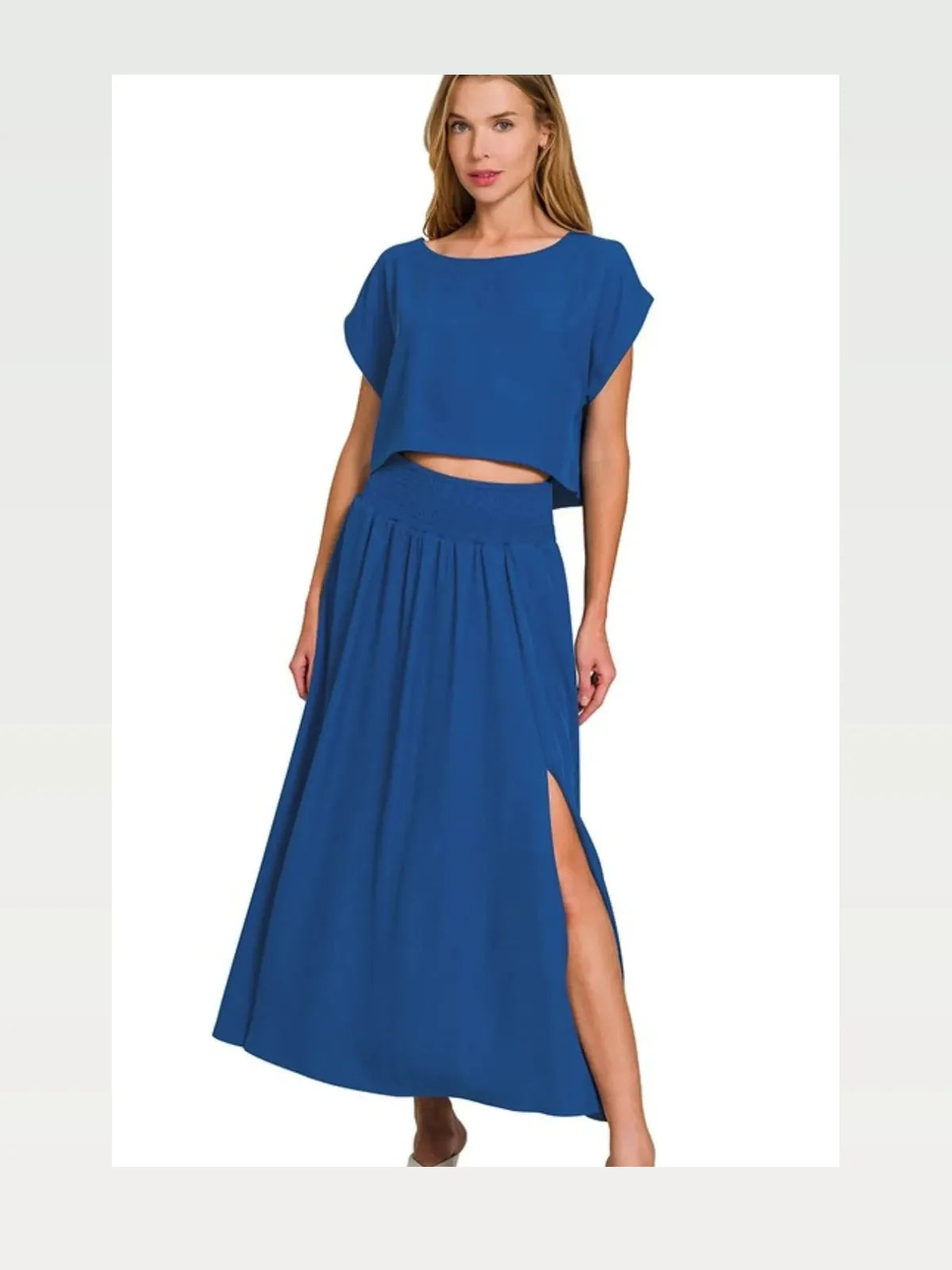 Heavy Woven Span Crop Tee & Skirt Set in LT NAVY