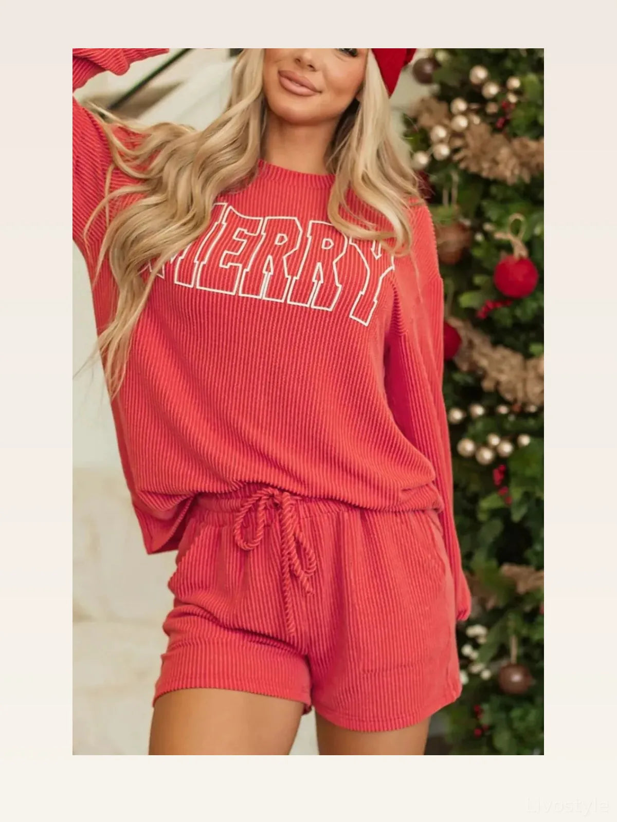 MERRY Round Neck Long Sleeve Top and Shorts Lounge Set