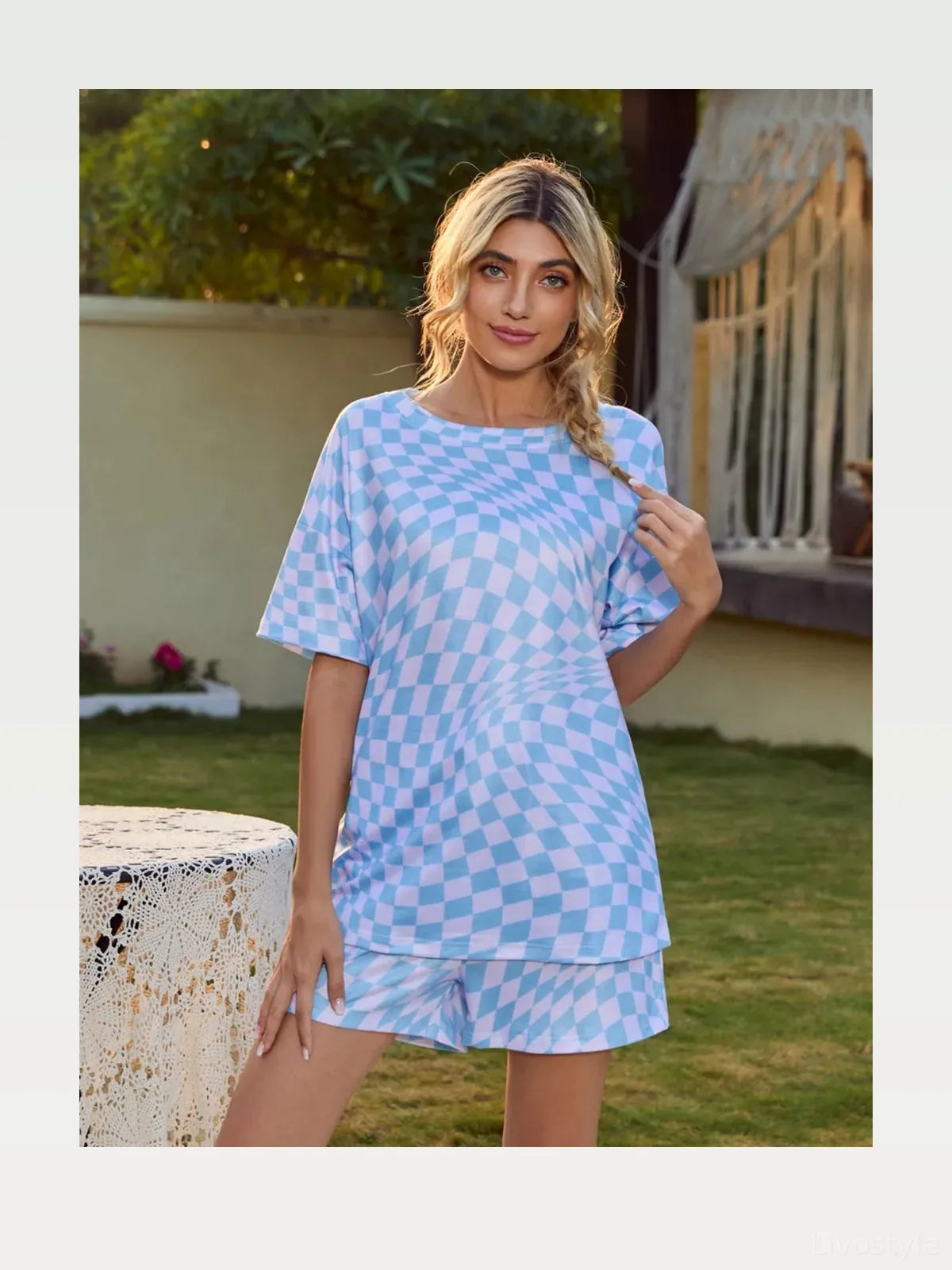 Plaid Round Neck Top and Shorts Lounge Set