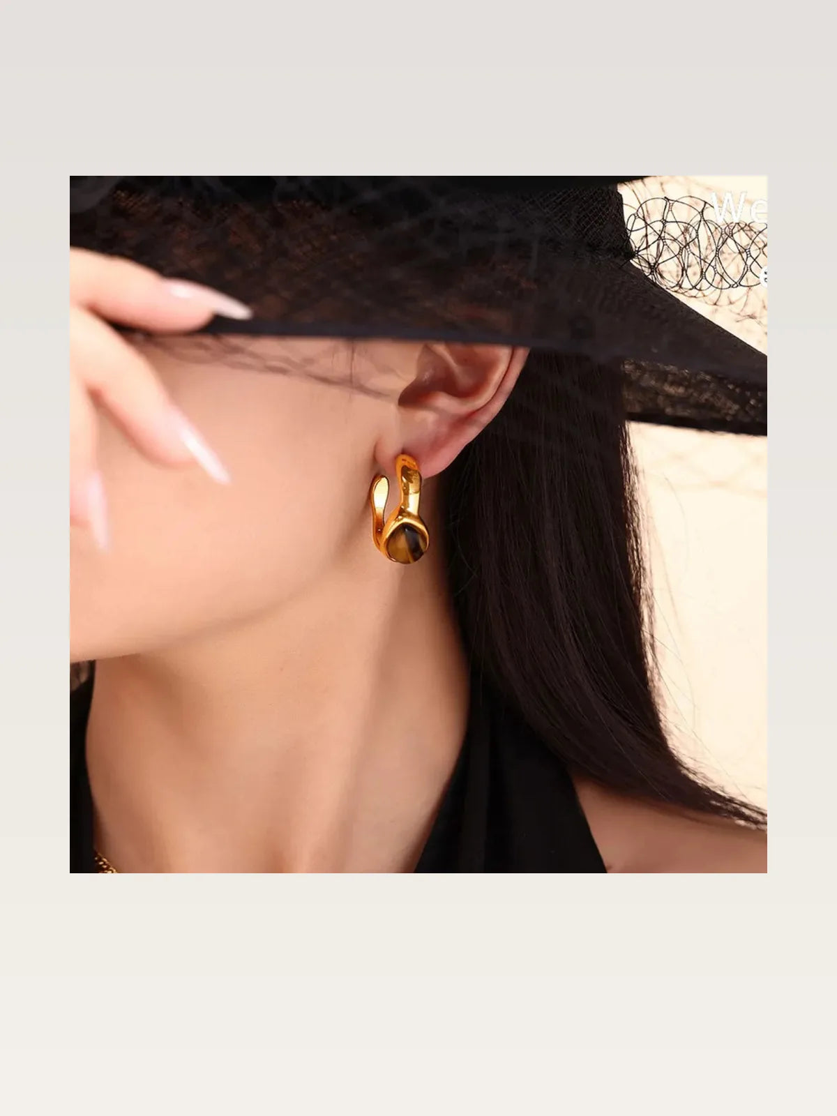 Stainless Steel Natural Tiger's Eye C-Hoop Earrings