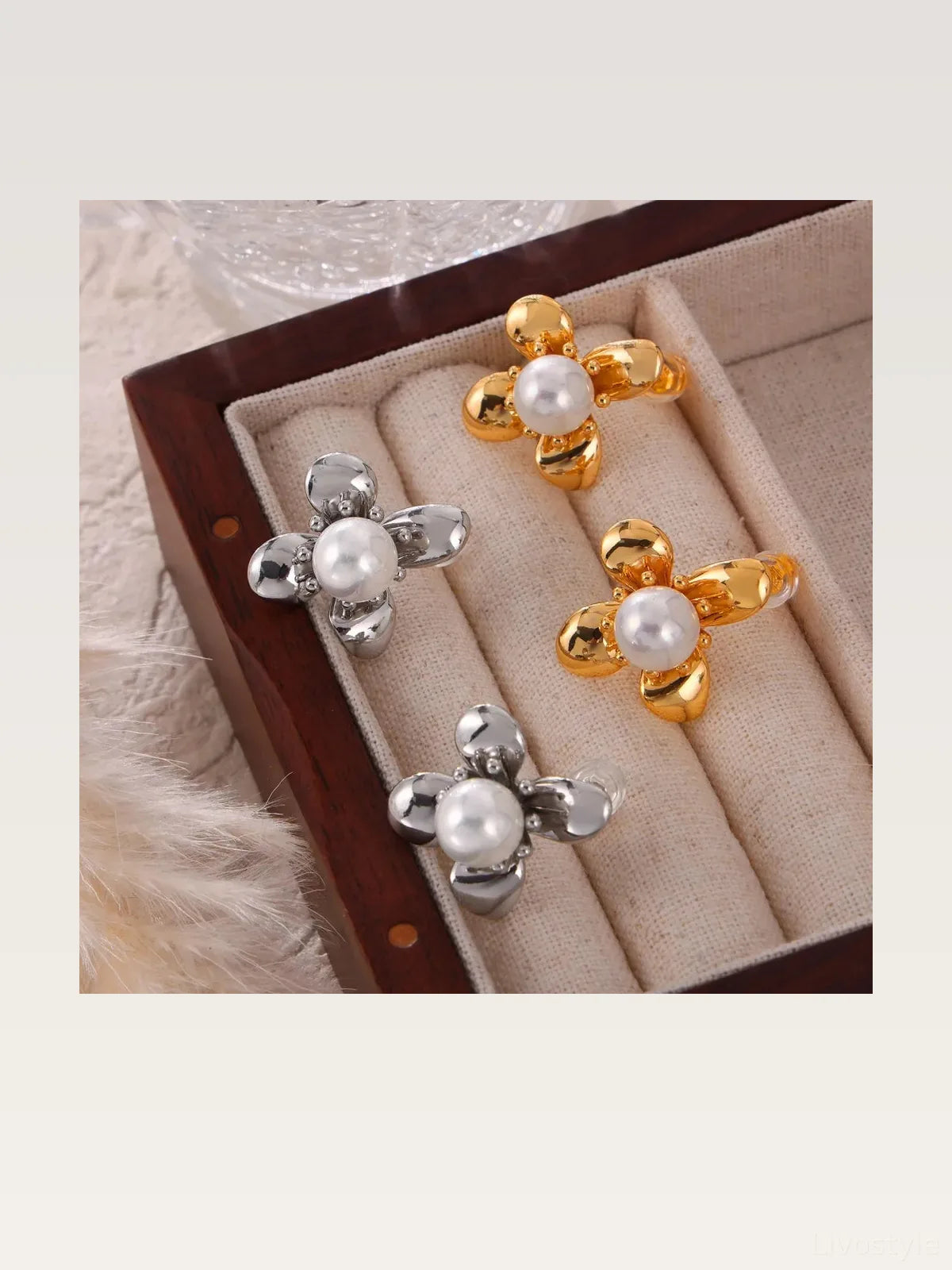 Synthetic Pearl Titanium Steel Flower Earrings