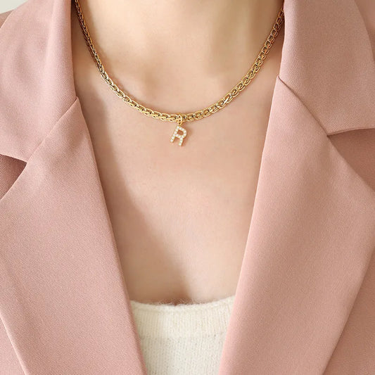 Brass Inlaid Zircon Letter R Pendant Necklace