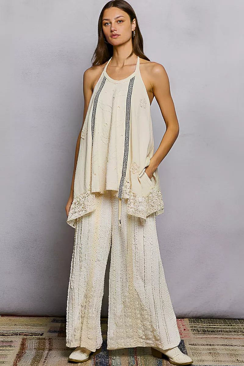 Lace Ruffle Halter Neck Double Gauze Top with Crochet Patch