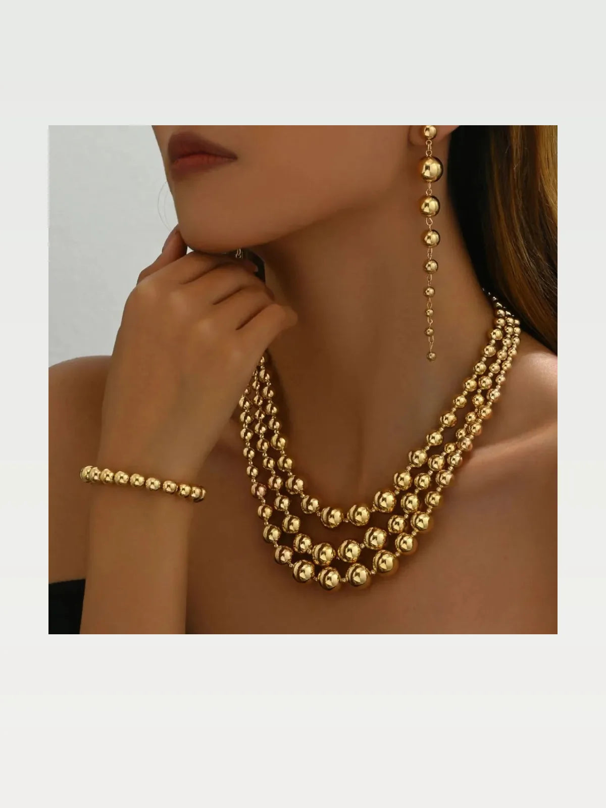 18K Stainless Steel Beaded Multi-Layered Necklace Bracelet Earrings