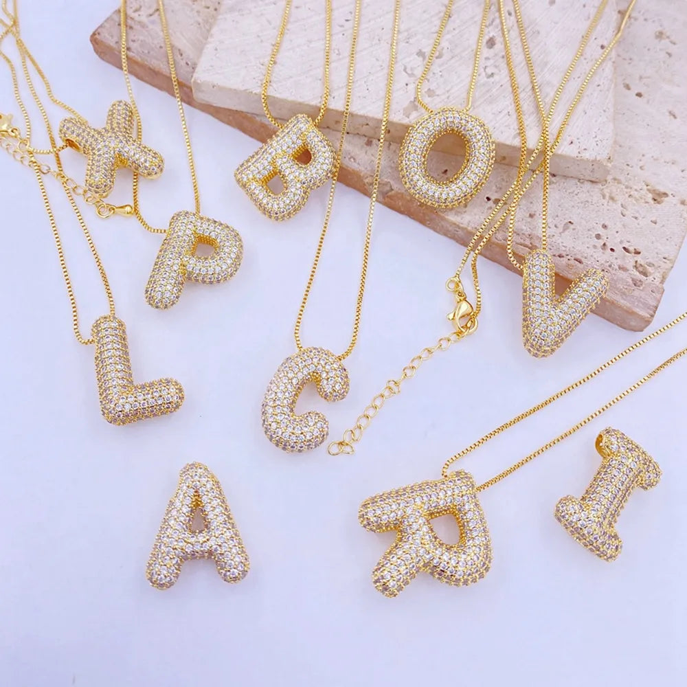 Inlaid Zircon Bubble Initial V Necklace