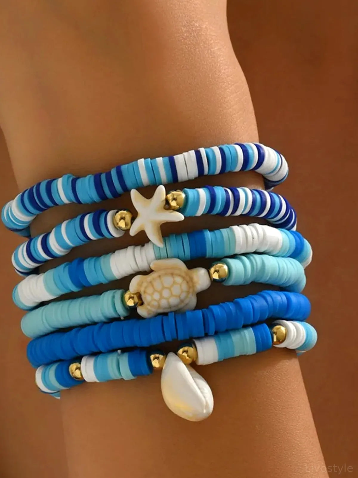 6-Piece Ceramic Beaded Shell Bracelet