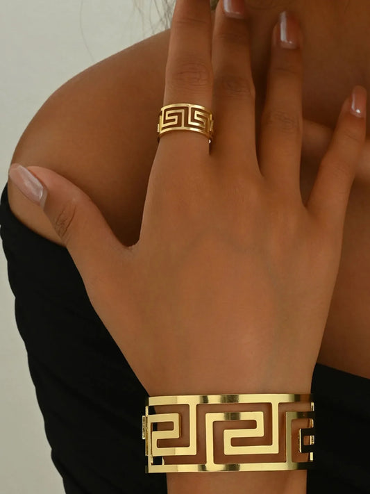 18K Gold-Plated Stainless Steel Geometric Bracelet and Ring Jewelry