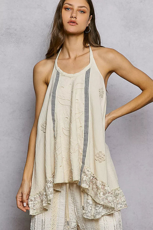 Lace Ruffle Halter Neck Double Gauze Top with Crochet Patch