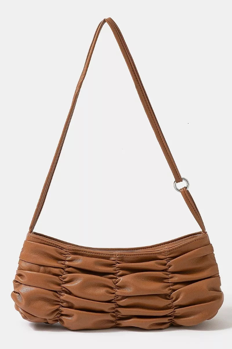 Segmented Pleated Faux Leather Hand Bag in Dark Brown