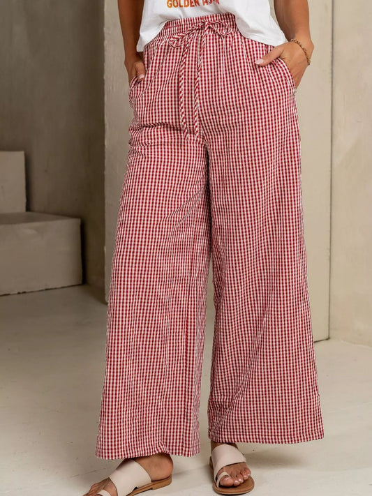 Gingham Print Wide Leg Casual Pants