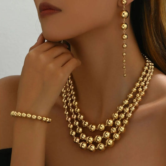 18K Stainless Steel Beaded Multi-Layered Necklace Bracelet Earrings