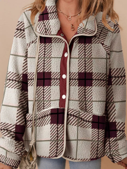 Plaid Buttoned Stand Collar Fleece Jacket