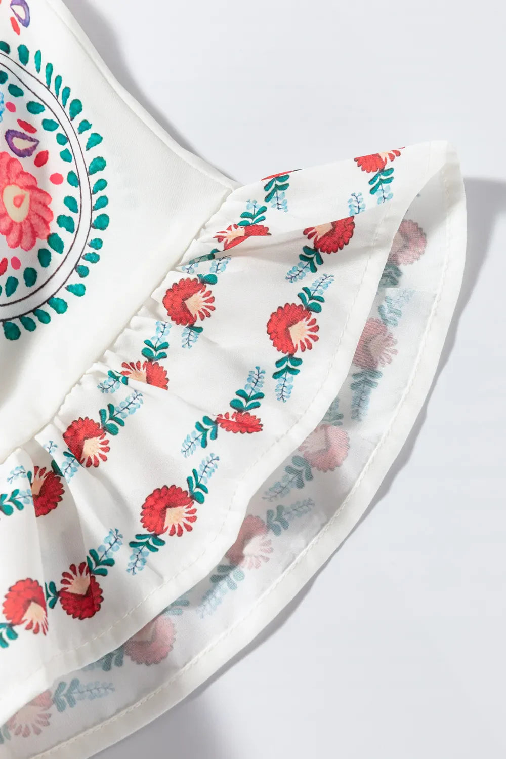 Floral Print Round Neck Ruffle Trim Blouse