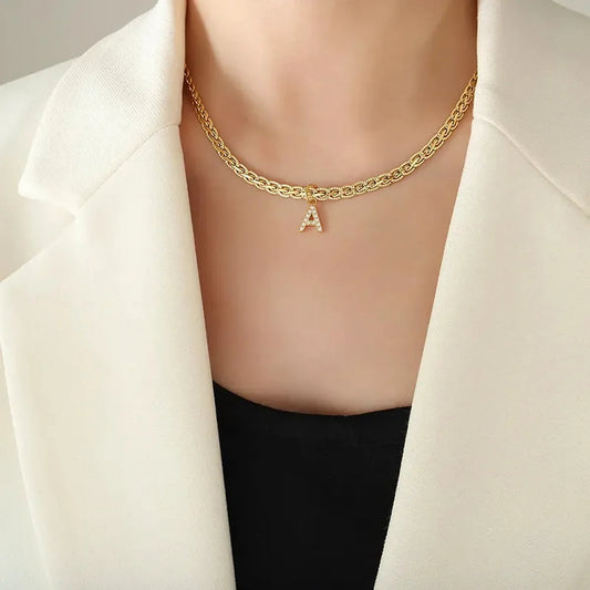 Brass Inlaid Zircon Letter A Pendant Necklace