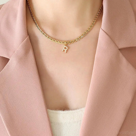 Brass Inlaid Zircon Letter R Pendant Necklace
