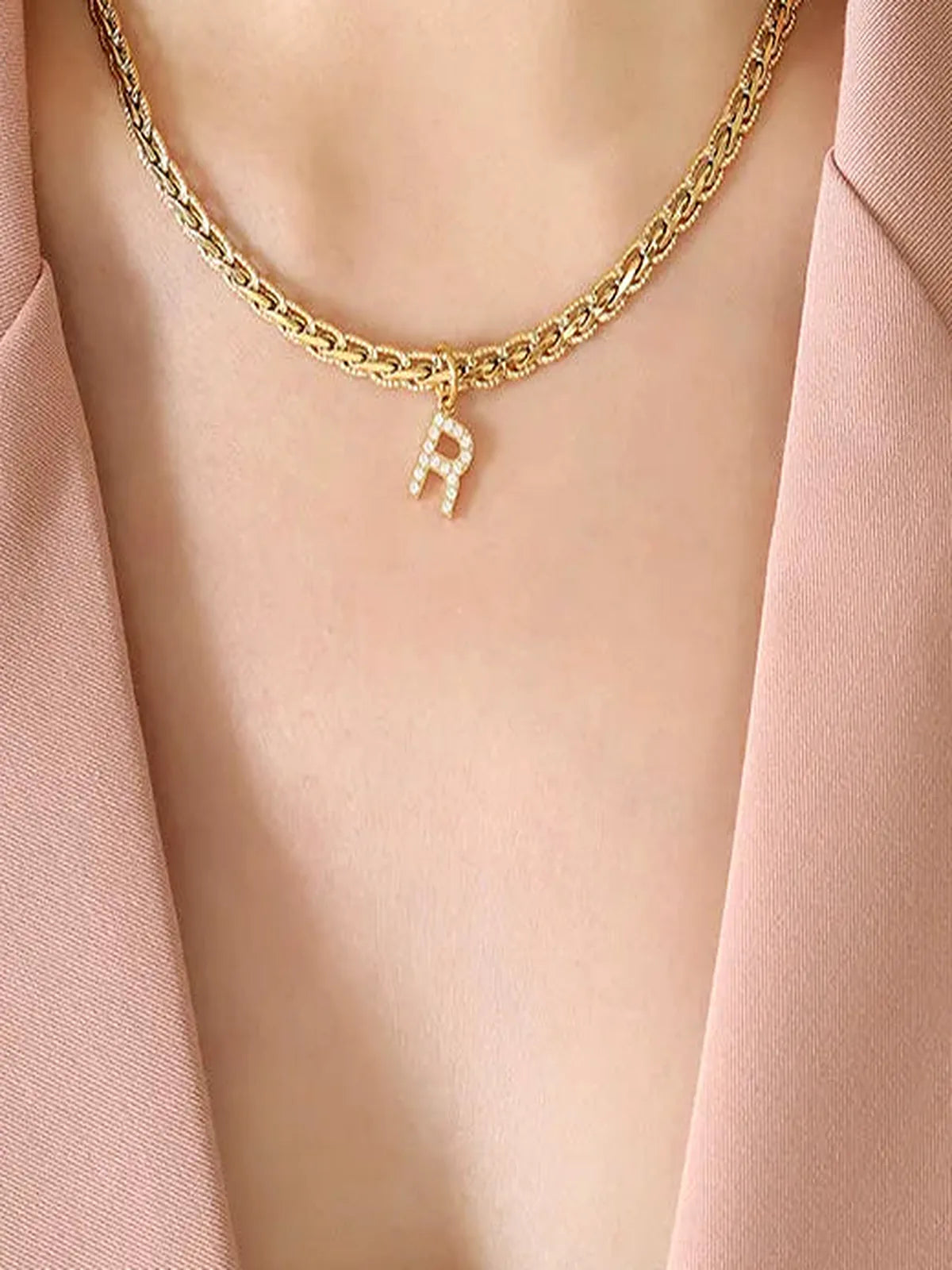 Brass Inlaid Zircon Letter R Pendant Necklace