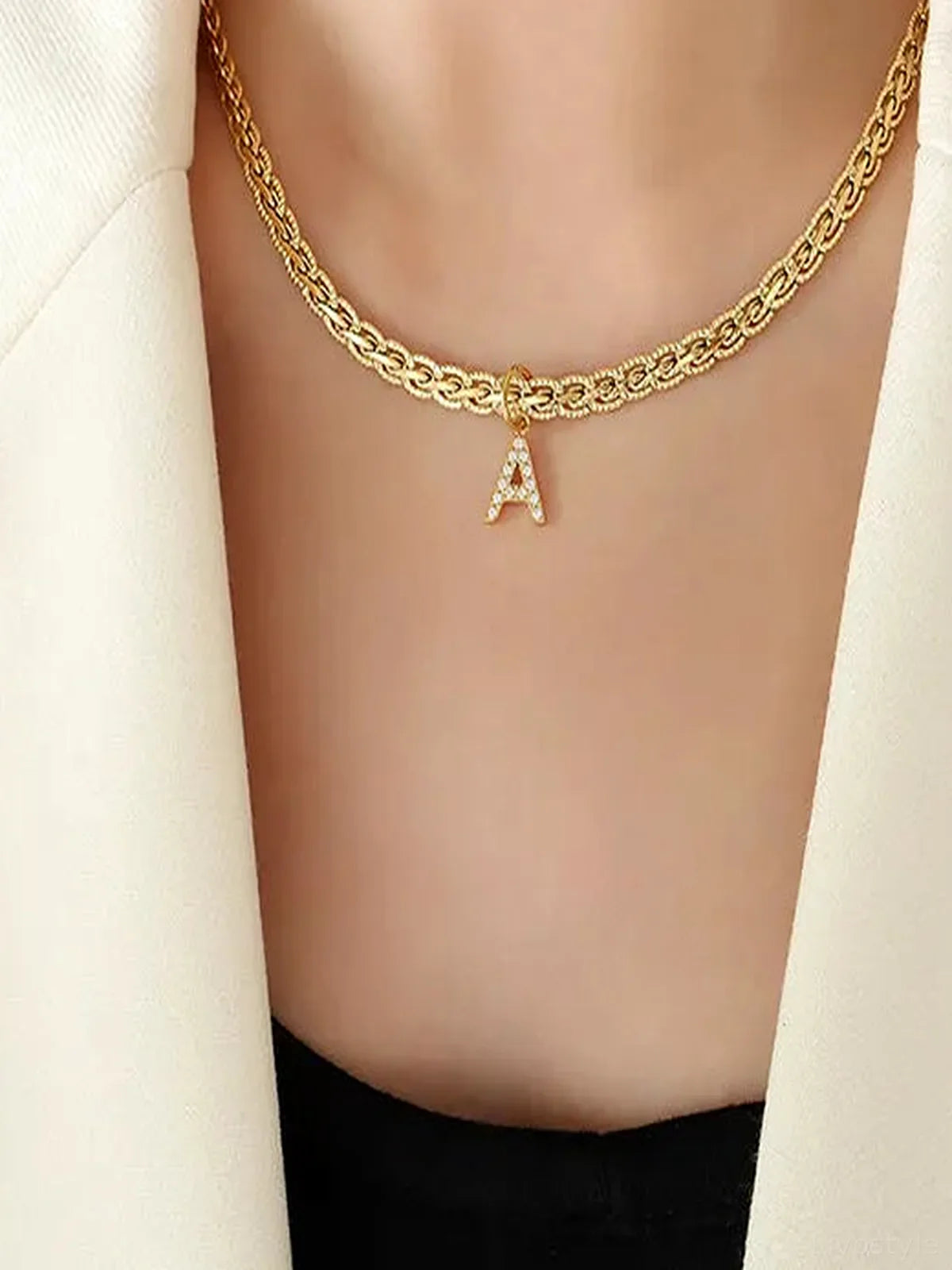 Brass Inlaid Zircon Letter A Pendant Necklace