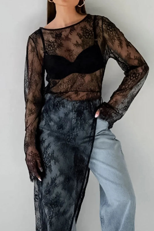 Fringe Round Neck Long Sleeve Lace Sheer Top