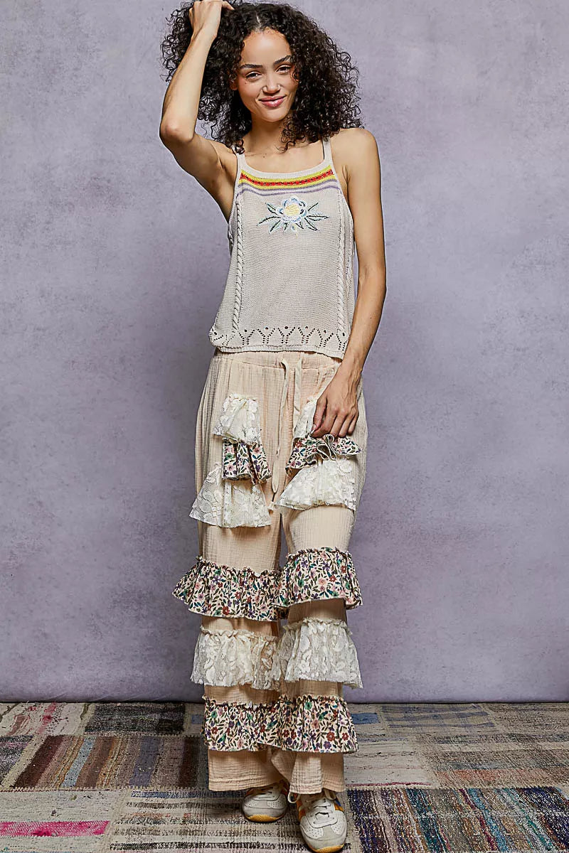 Embroidered Floral Square Neck Knit Cami