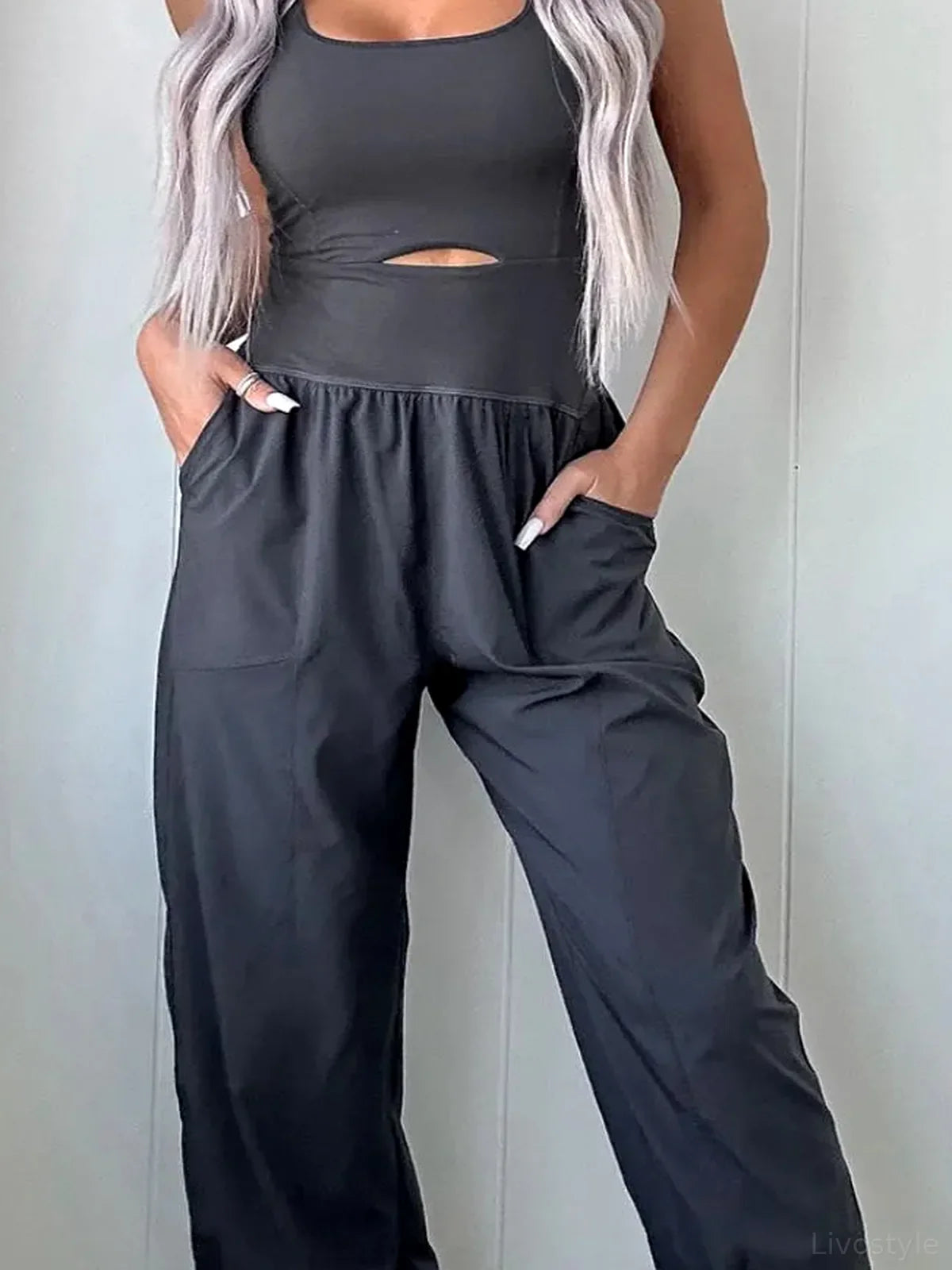 Cutout Square Neck Wide Strap Active Jumpsuit