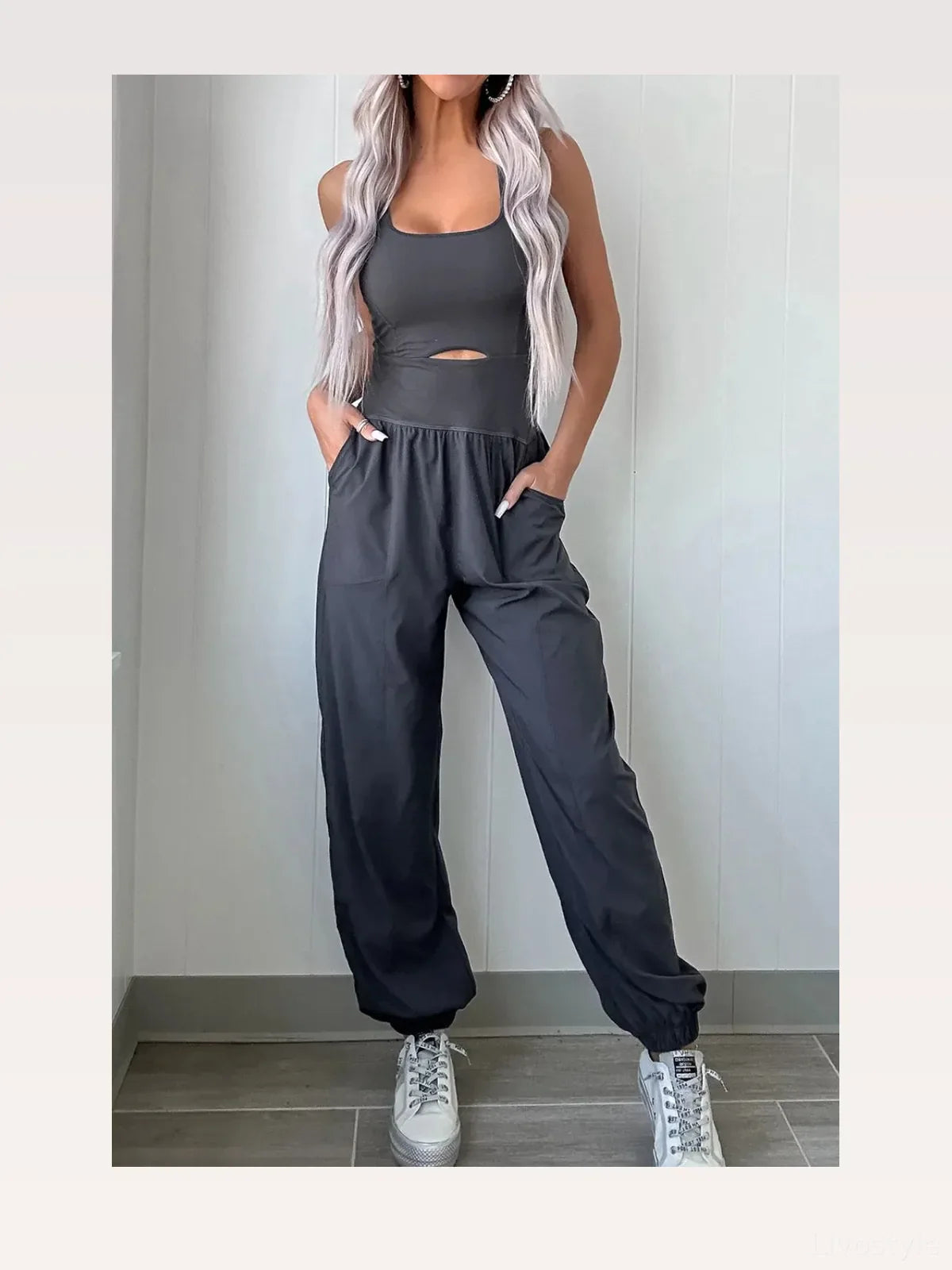 Cutout Square Neck Wide Strap Active Jumpsuit