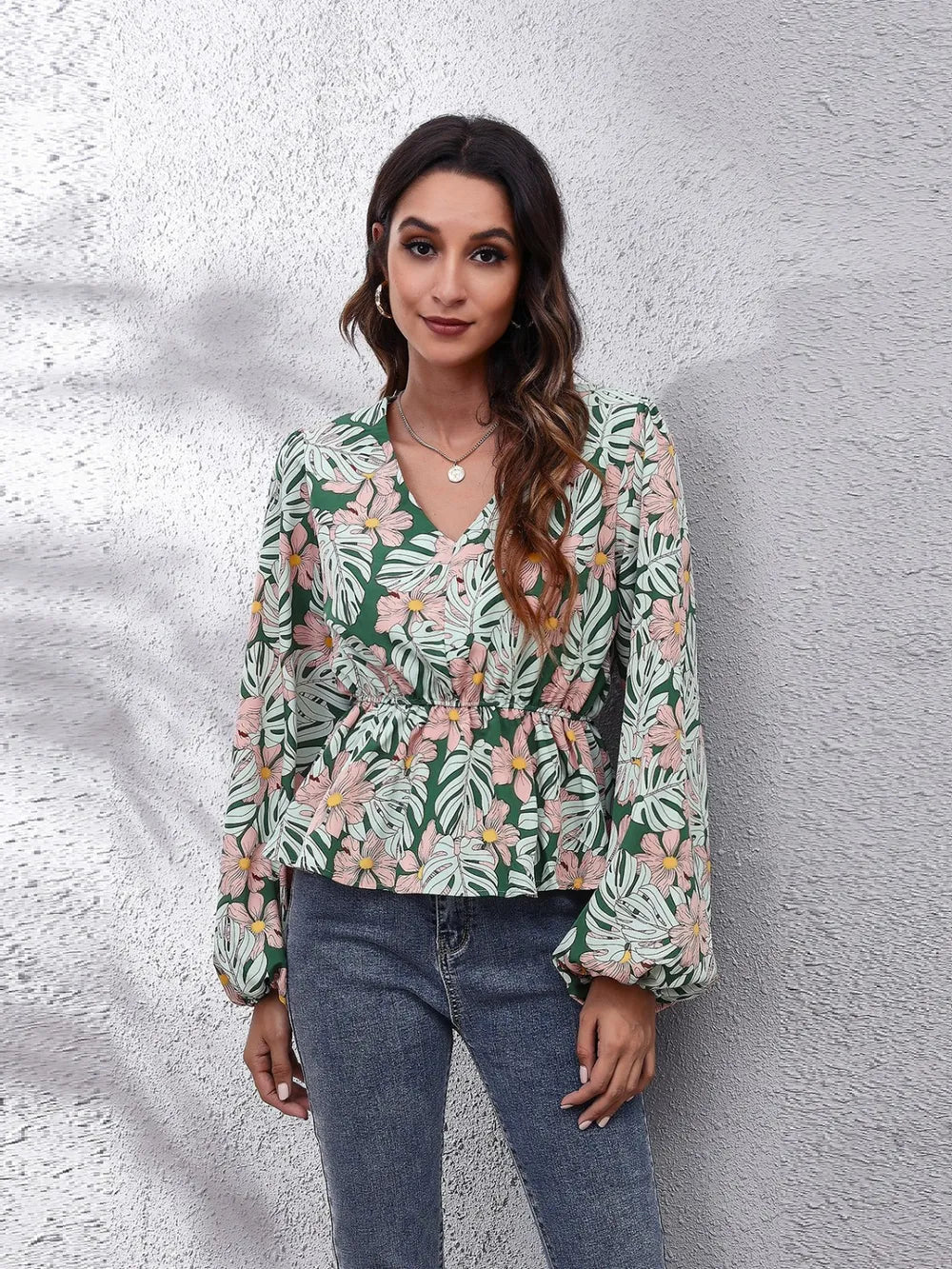 Chic Floral Peplum Blouse with Balloon Sleeves & V-Neck