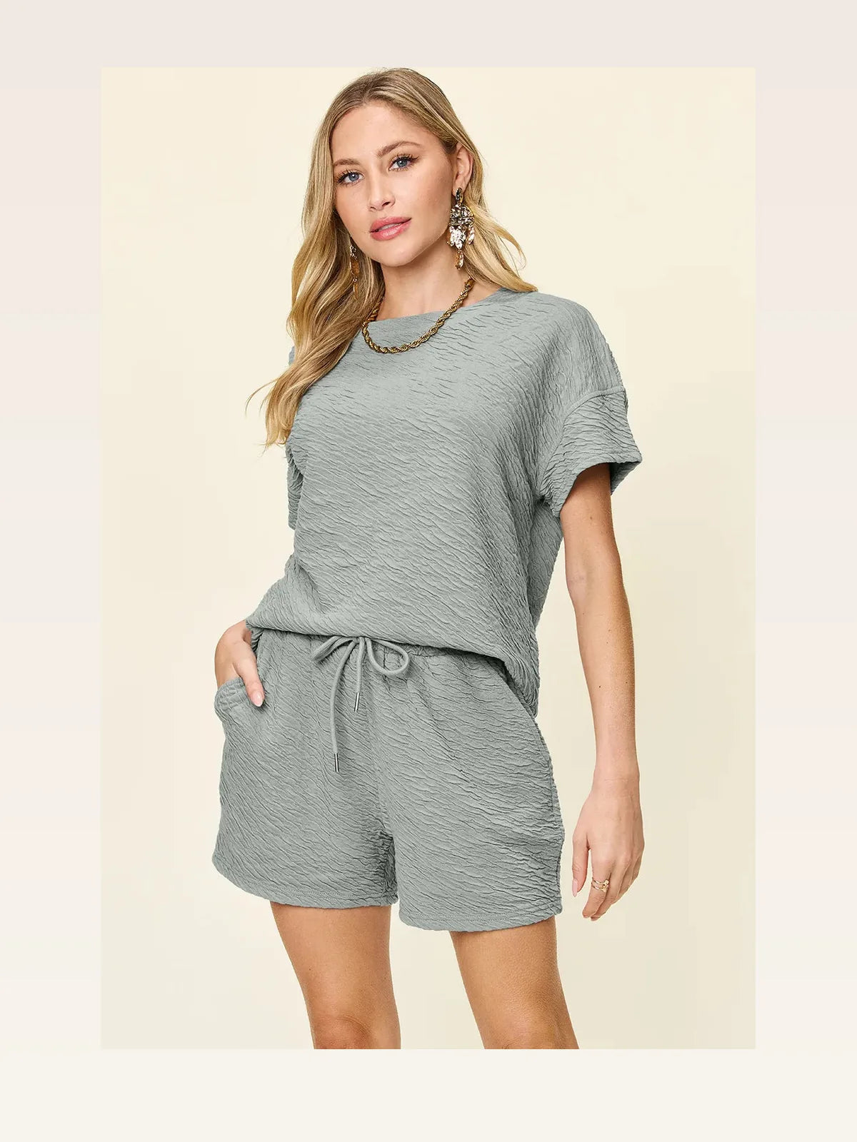 Cloudy Blue Texture Short Sleeve T-Shirt and Drawstring Shorts Set