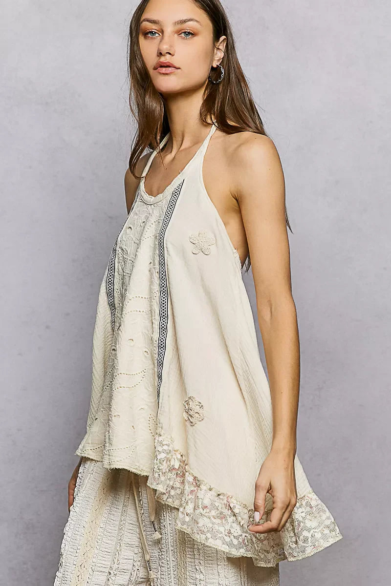 Lace Ruffle Halter Neck Double Gauze Top with Crochet Patch
