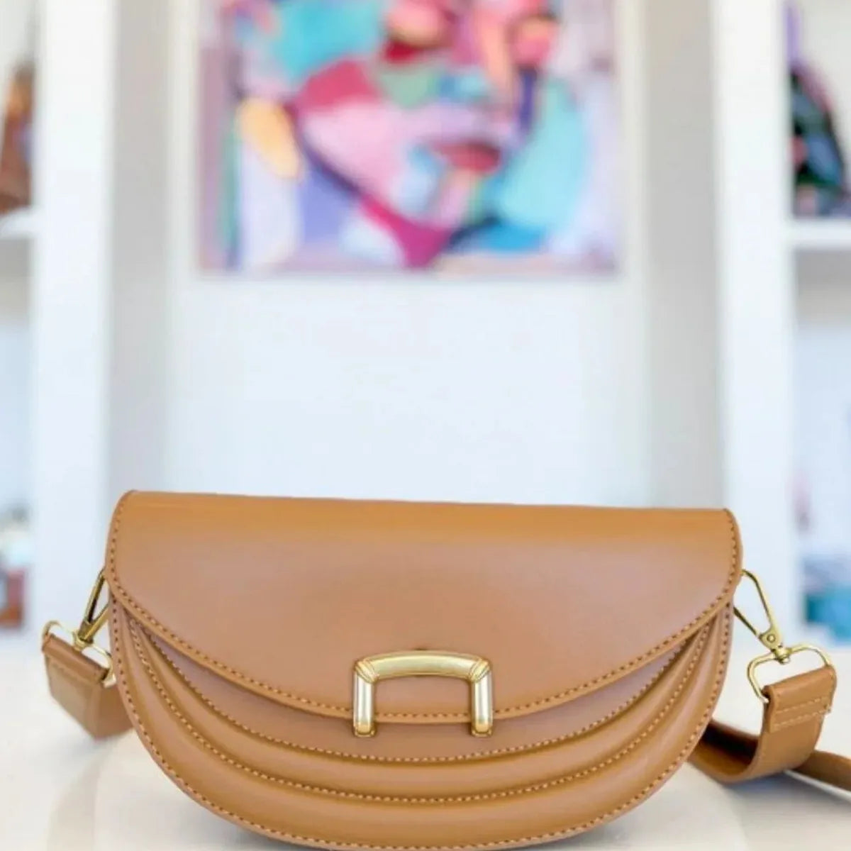 Buckle Closure Crescent Faux Leather Crossbody Bag