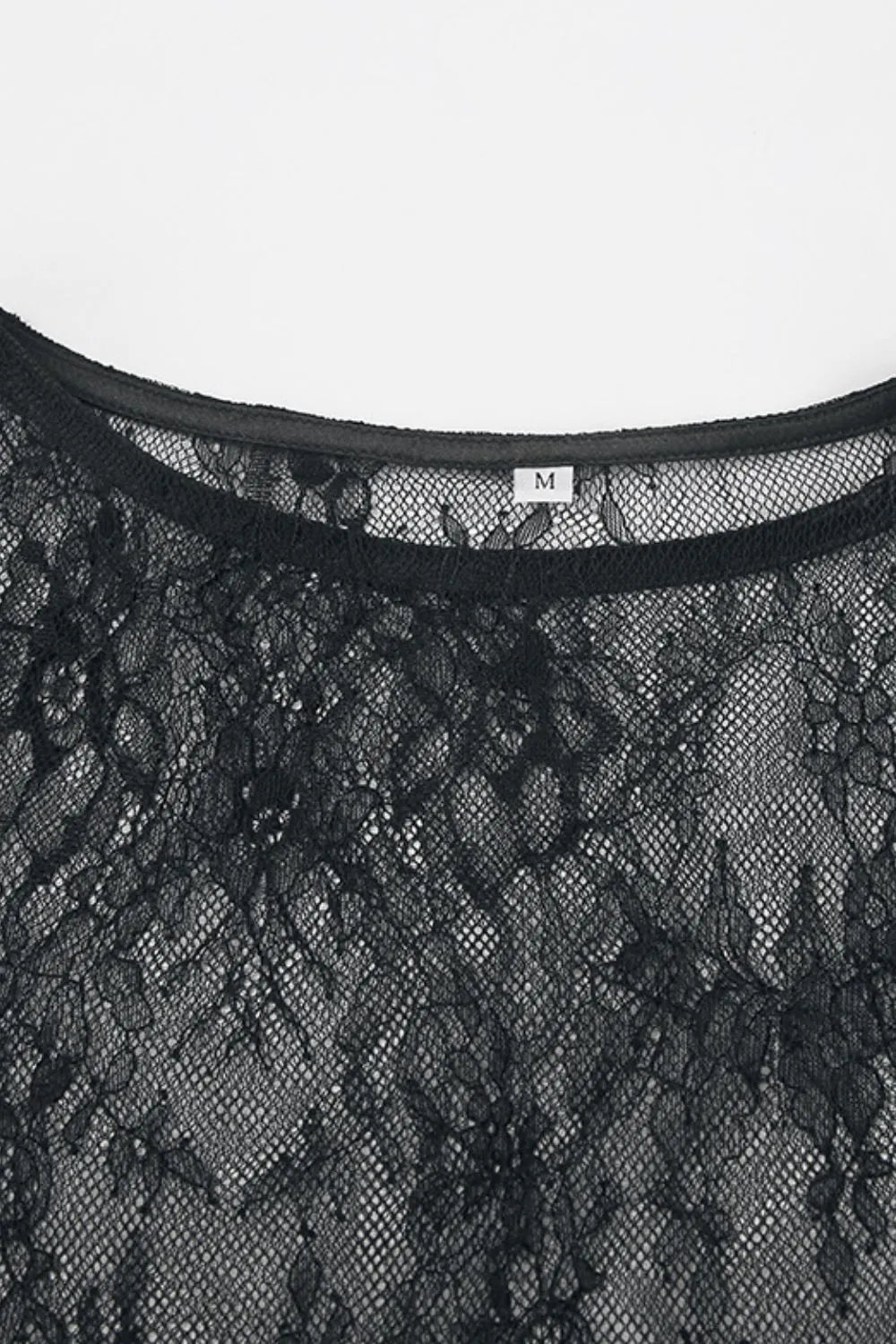 Fringe Round Neck Long Sleeve Lace Sheer Top