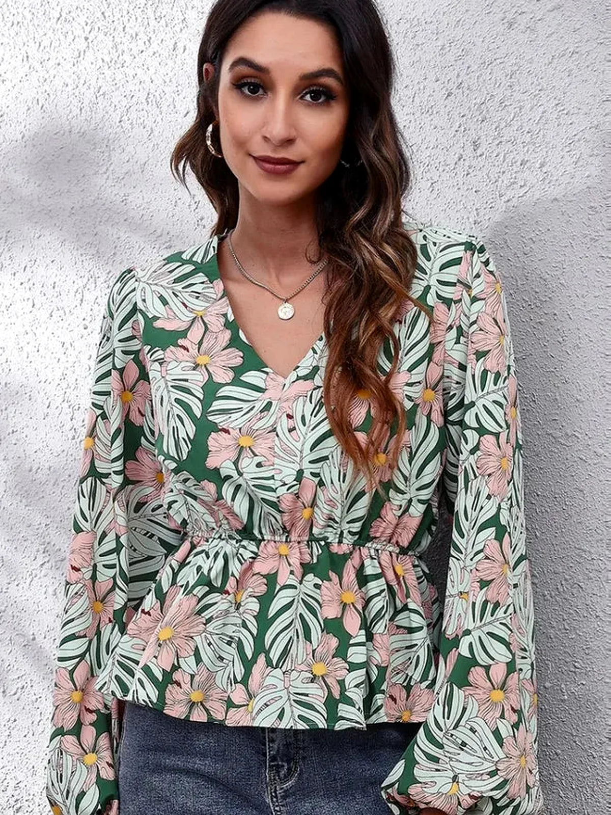 Chic Floral Peplum Blouse with Balloon Sleeves & V-Neck