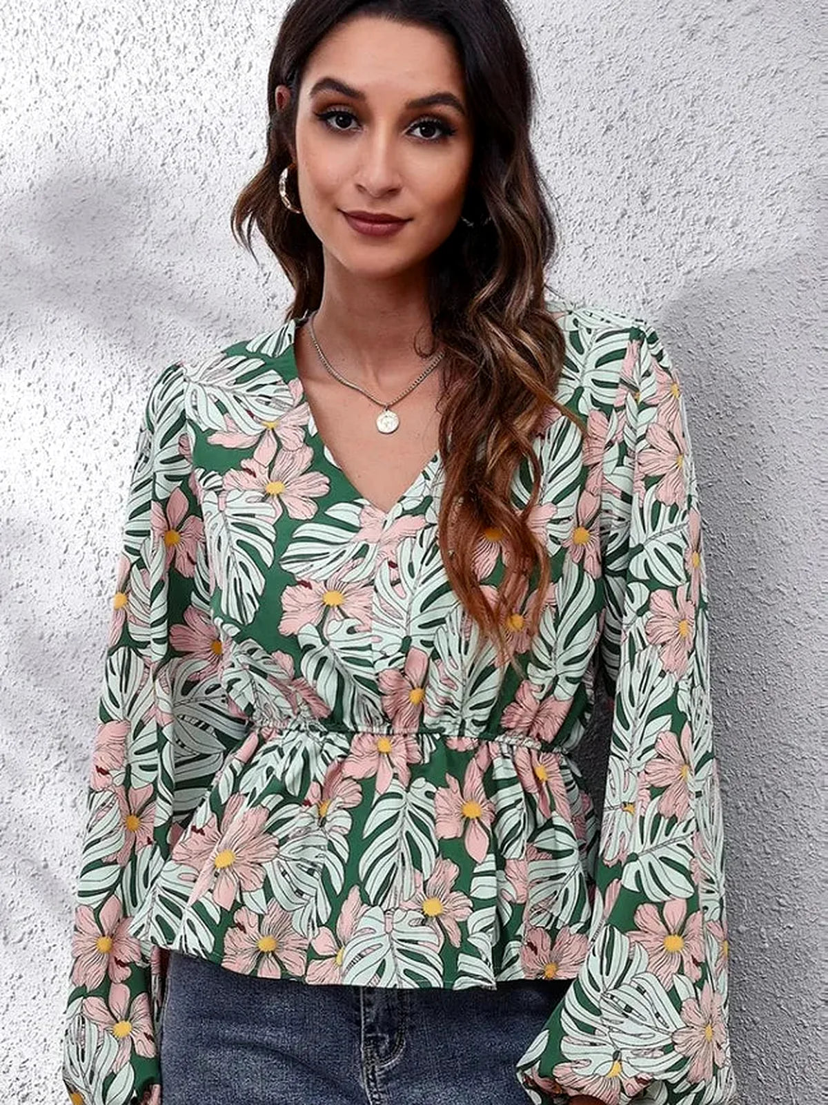 Chic Floral Peplum Blouse with Balloon Sleeves & V-Neck