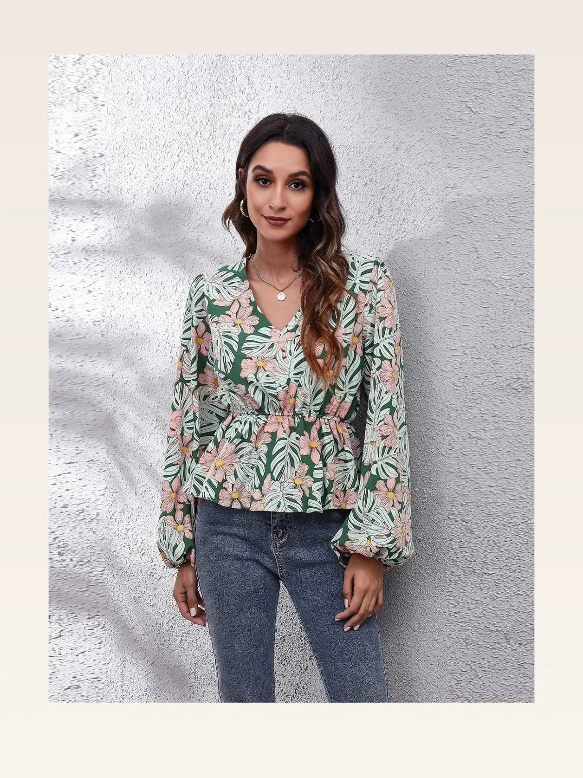 Chic Floral Peplum Blouse with Balloon Sleeves & V-Neck