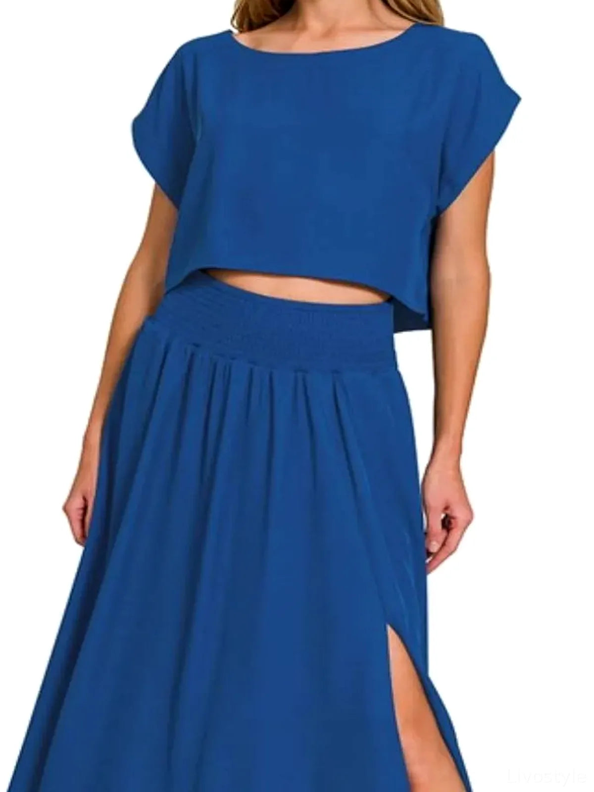 Heavy Woven Span Crop Tee & Skirt Set in LT NAVY
