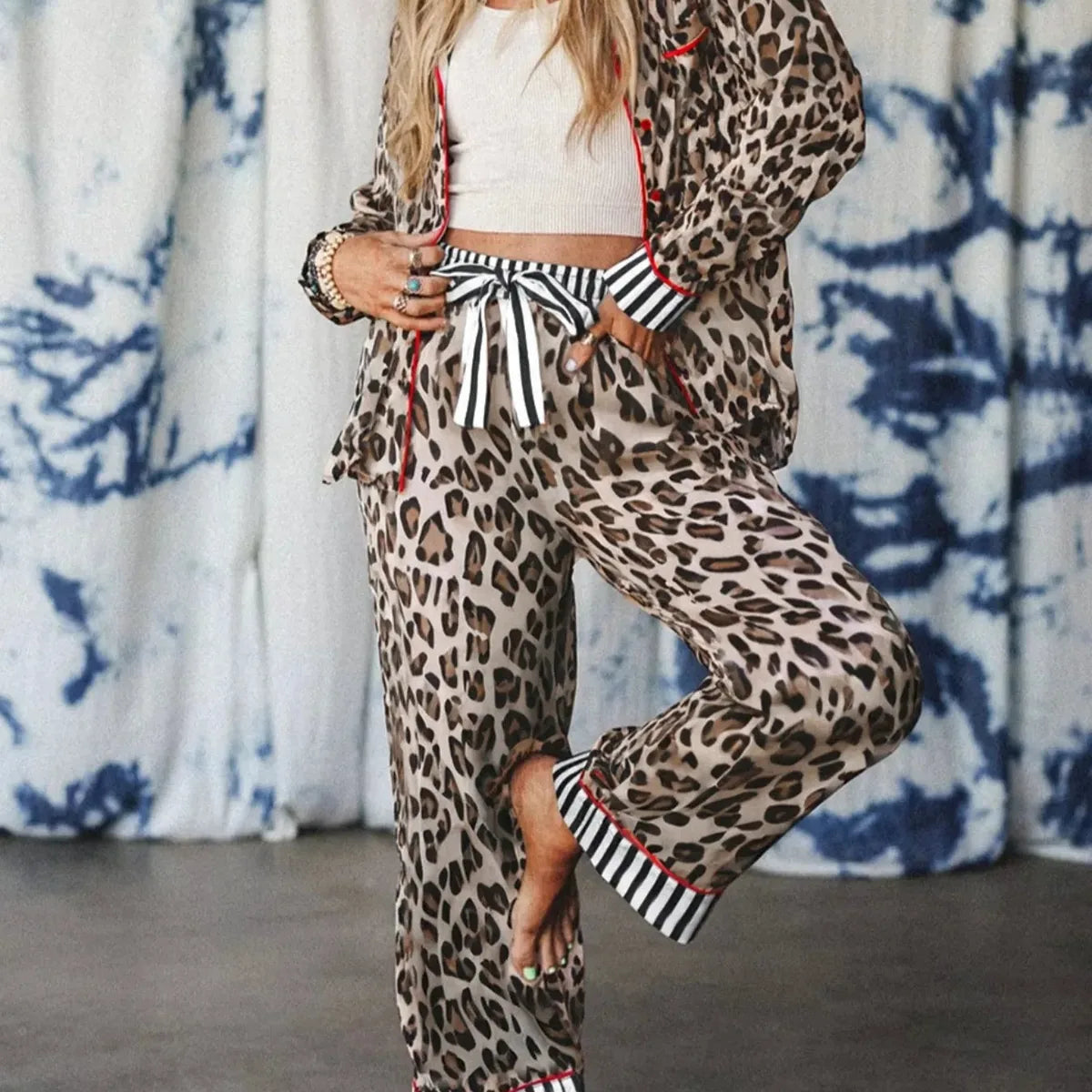 Leopard and Striped Trim Shirt and Pants Set