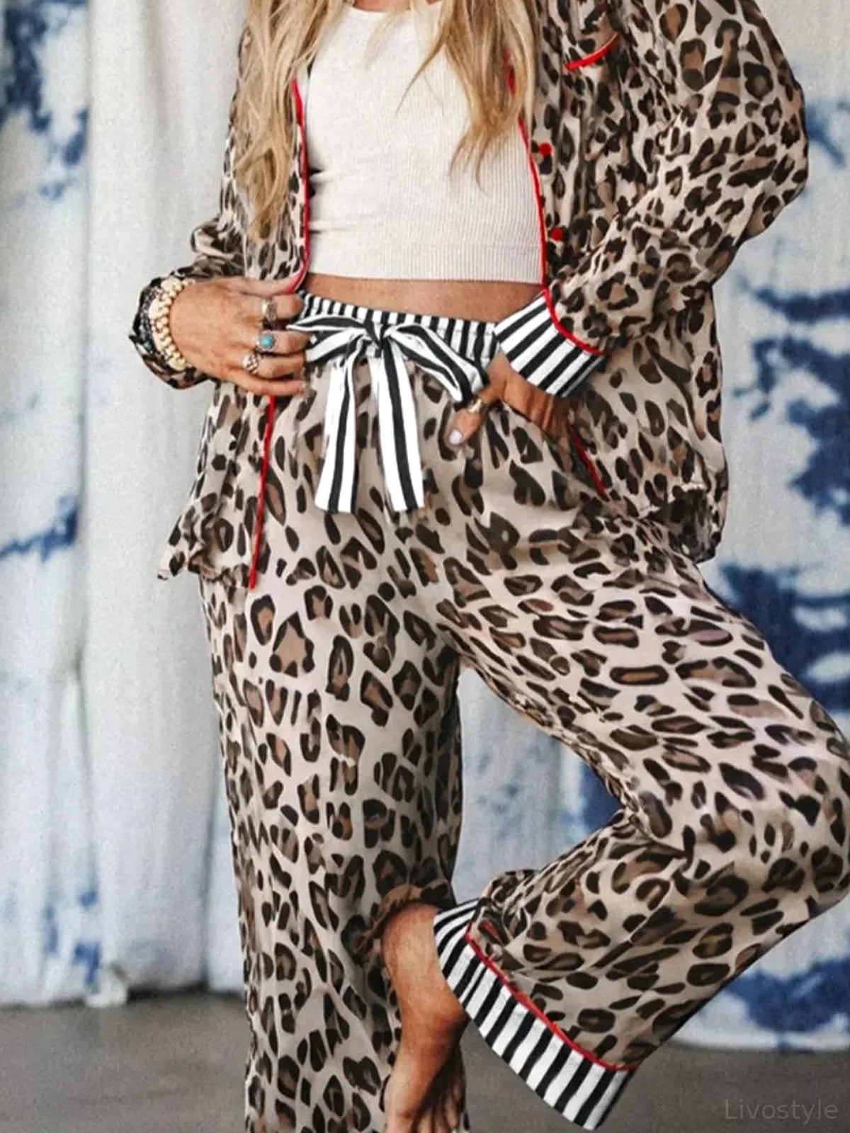 Leopard and Striped Trim Shirt and Pants Set