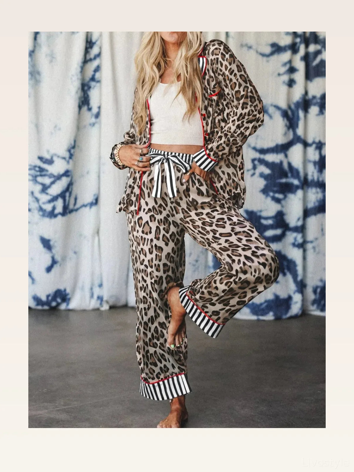 Leopard and Striped Trim Shirt and Pants Set