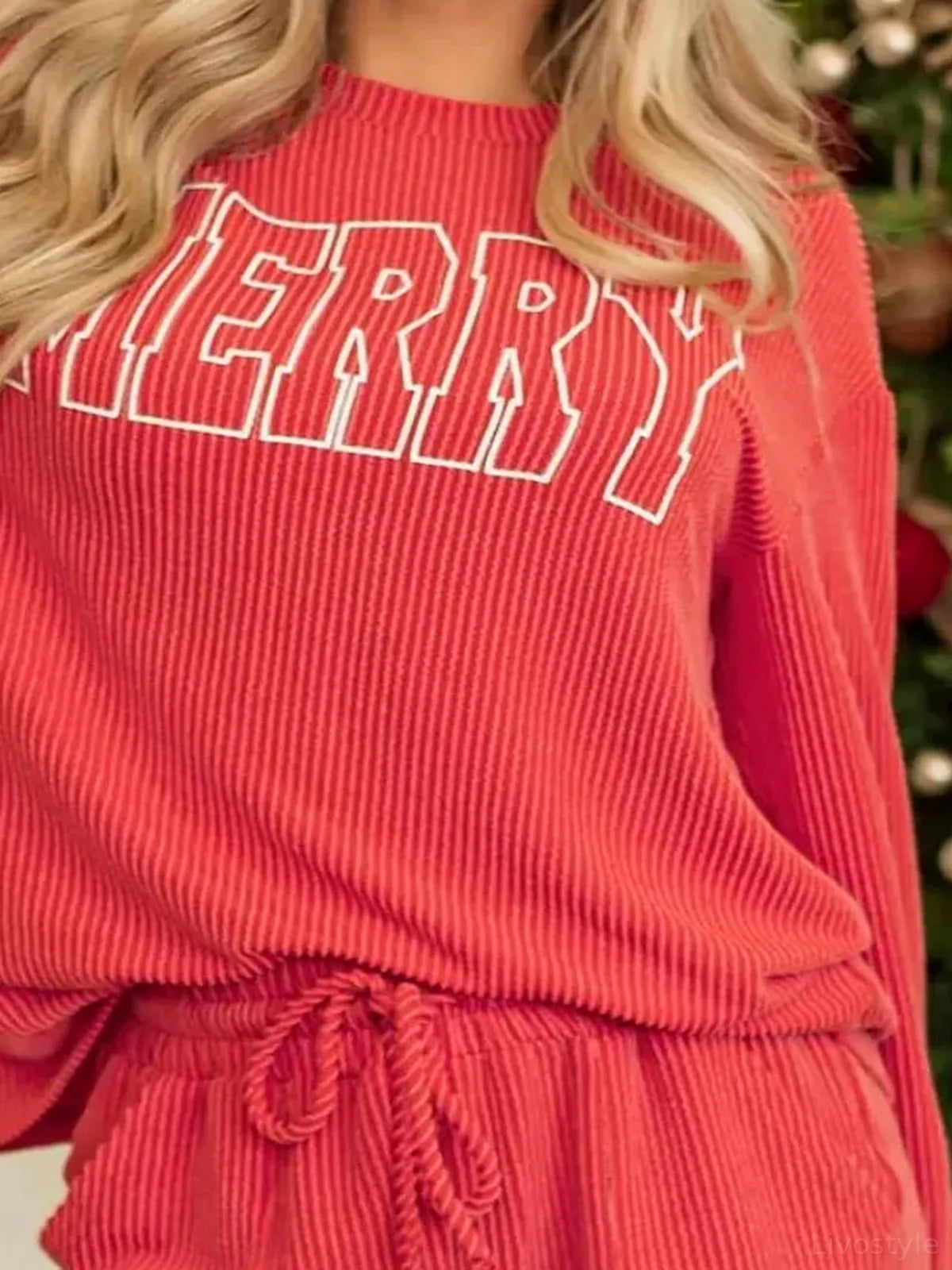 MERRY Round Neck Long Sleeve Top and Shorts Lounge Set